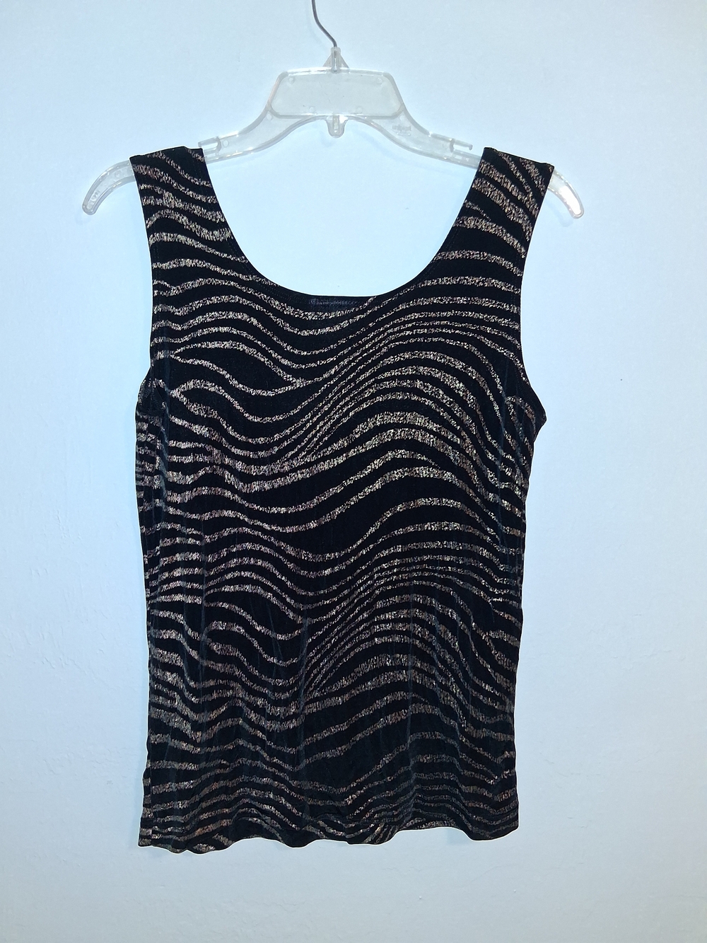 Chico's Black Tank Top with Gold Metallic Wave Print